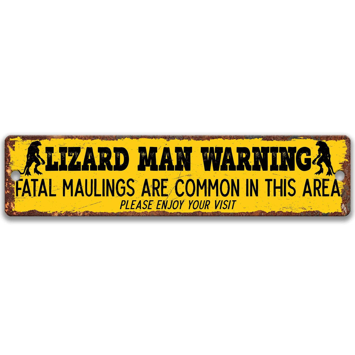 Lizard man warning metal sign, yellow national-park style, fatal maulings are common in this area, please enjoy your visit, flanked by lizard man silhouettes