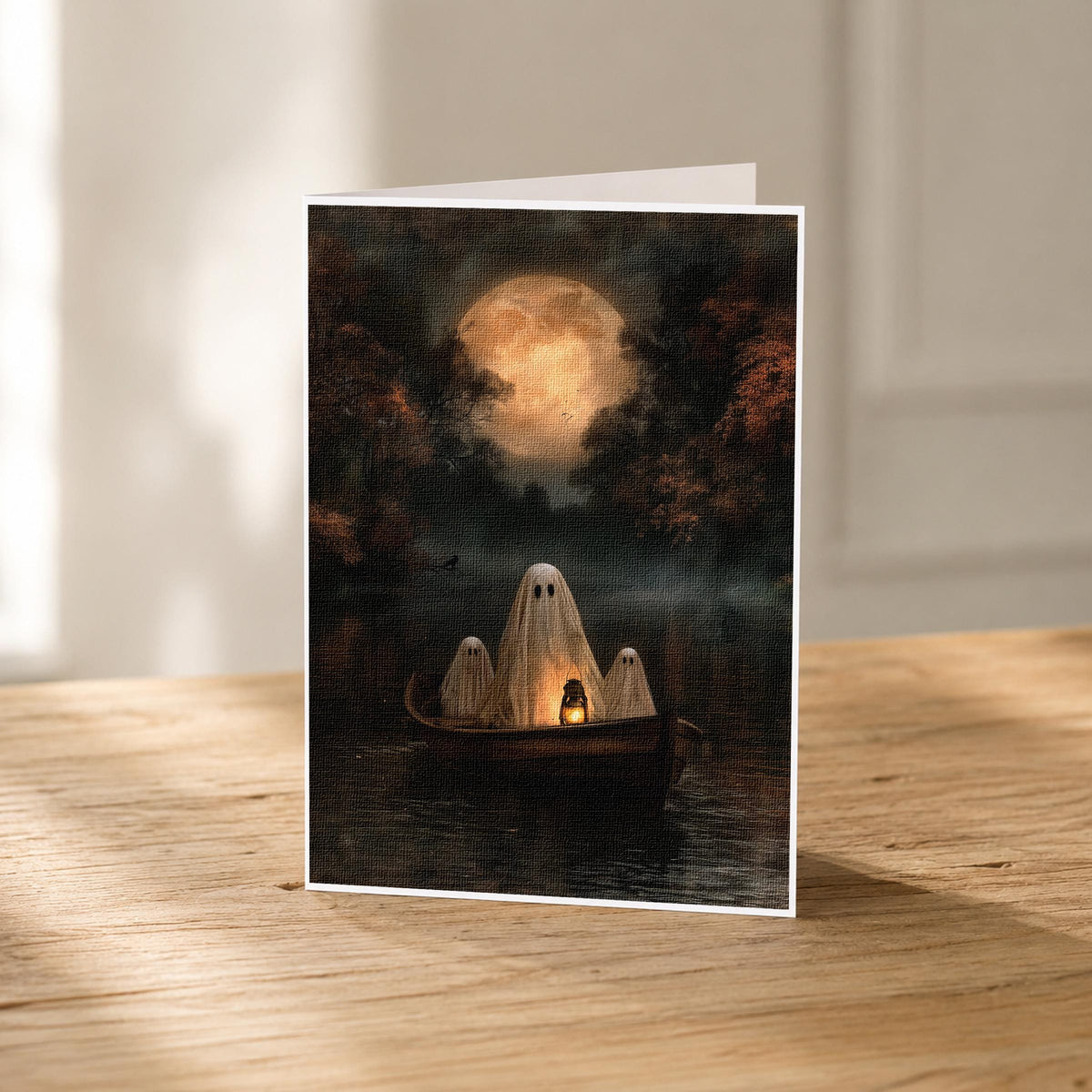 5x7 ghost boat blank note card standing upright showing its linen texture and moonlit lake artwork