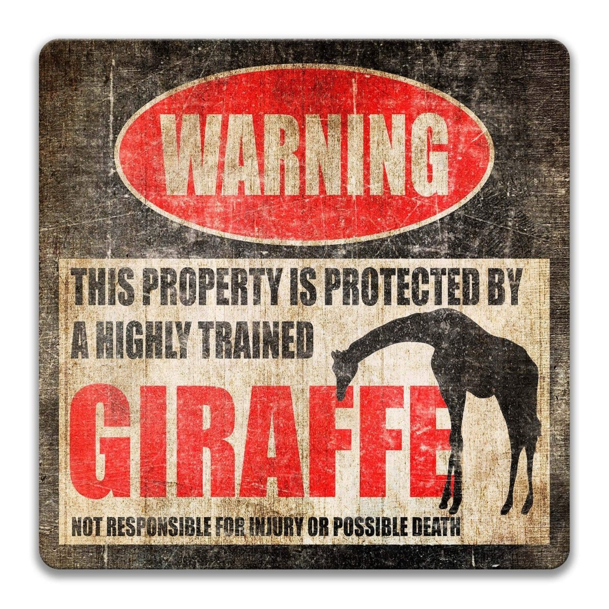 Giraffe warning metal sign, glossy black, red WARNING oval and long-necked giraffe silhouette