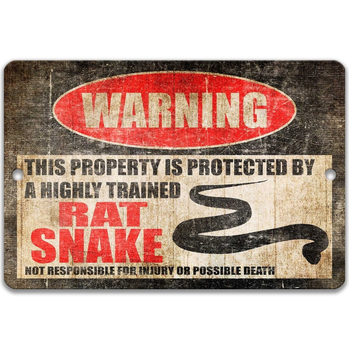Rat Snake warning sign, red WARNING oval, this property is protected by a highly trained Rat Snake, with rat snake silhouette