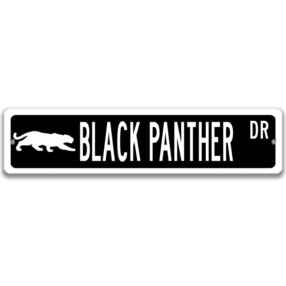 Black Panther metal street sign with a black background reading BLACK PANTHER DR with a prowling panther silhouette
