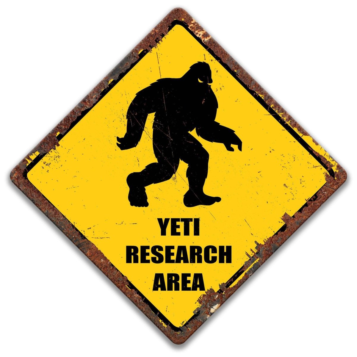 a yellow sign with a black silhouette of a Sasquatch, which is a mythical creature often associated with the American West. The sign also contains the text "YETI RESEARCH AREA" in bold letters.