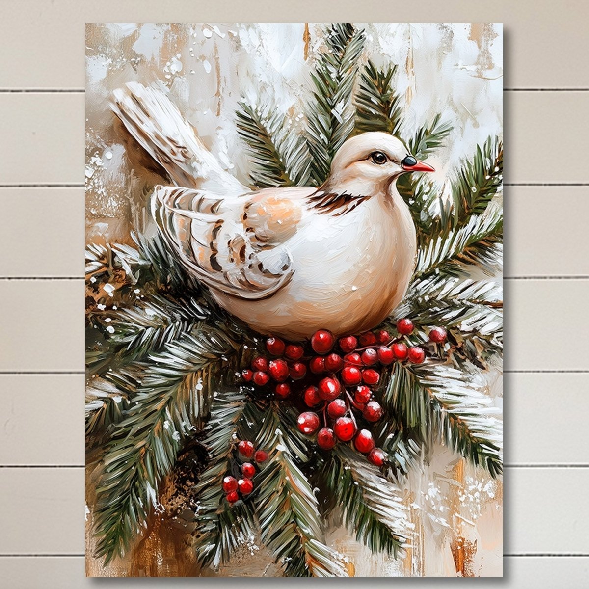 White dove resting on a snowy berry branch amid falling snowflakes