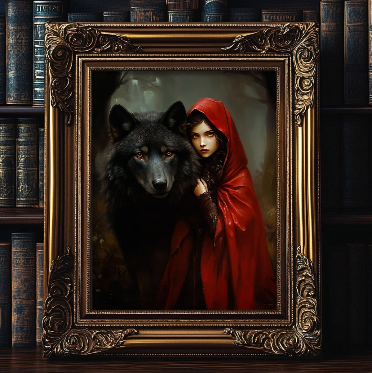 A framed painting depicting a woman in a red cape standing next to a black wolf in a forest setting.