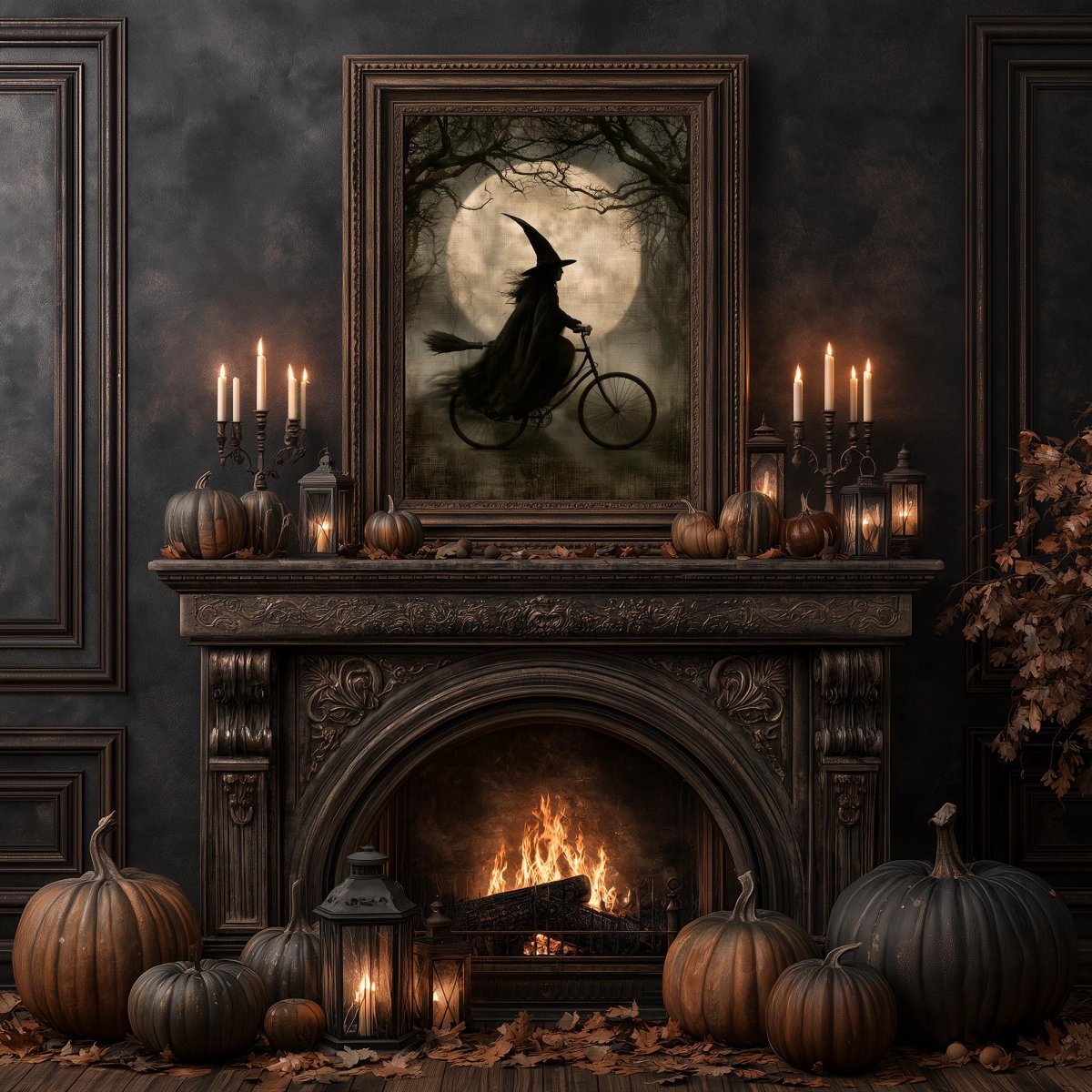 Witch art print on a Halloween fireplace with pumpkins, candles, and lanterns