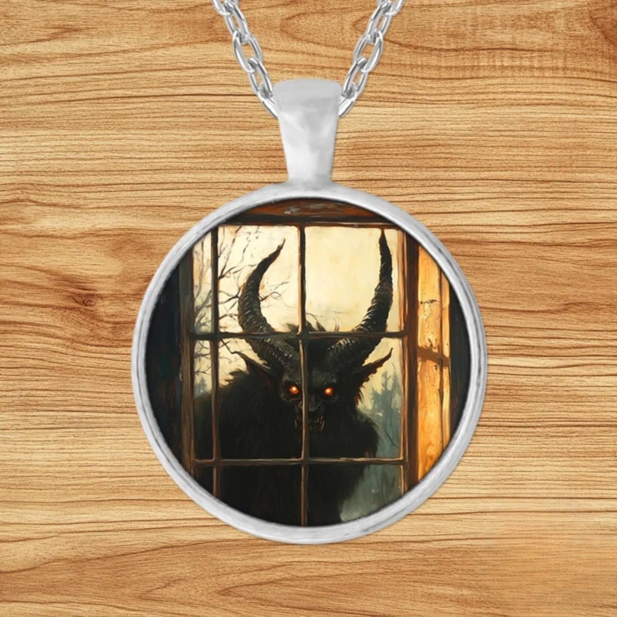 Necklace spec: 1-inch round silver charm pendant with 16 or 24 inch silver oval chain, premium jewelry metals and sublimation inks