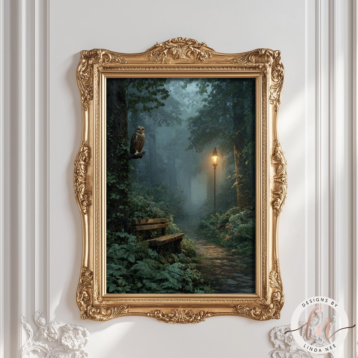 A painting of a serene forest path with a bench and a light source in the distance, framed in an ornate gold frame.