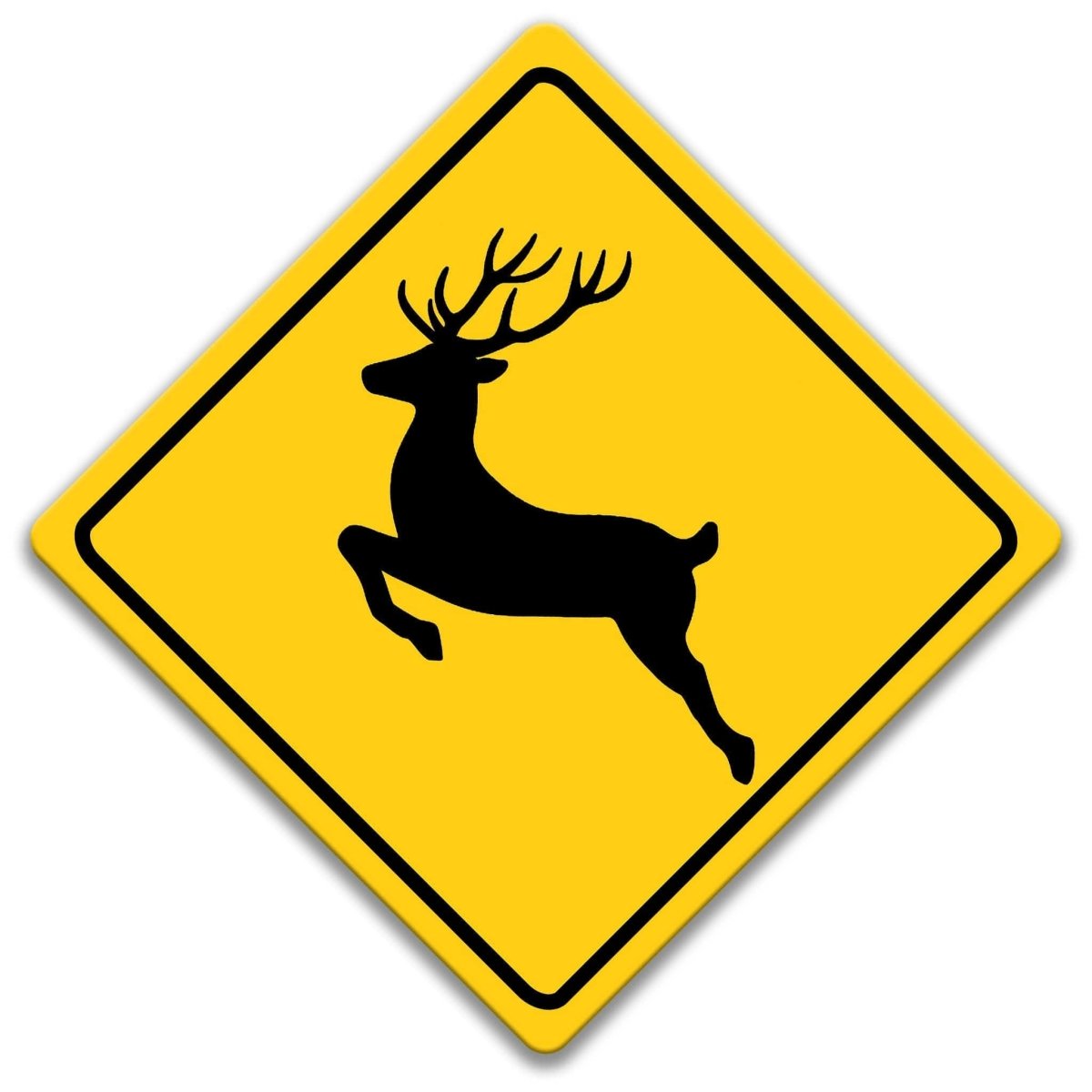 A yellow diamond-shaped road sign with a black silhouette of a deer in mid-leap.