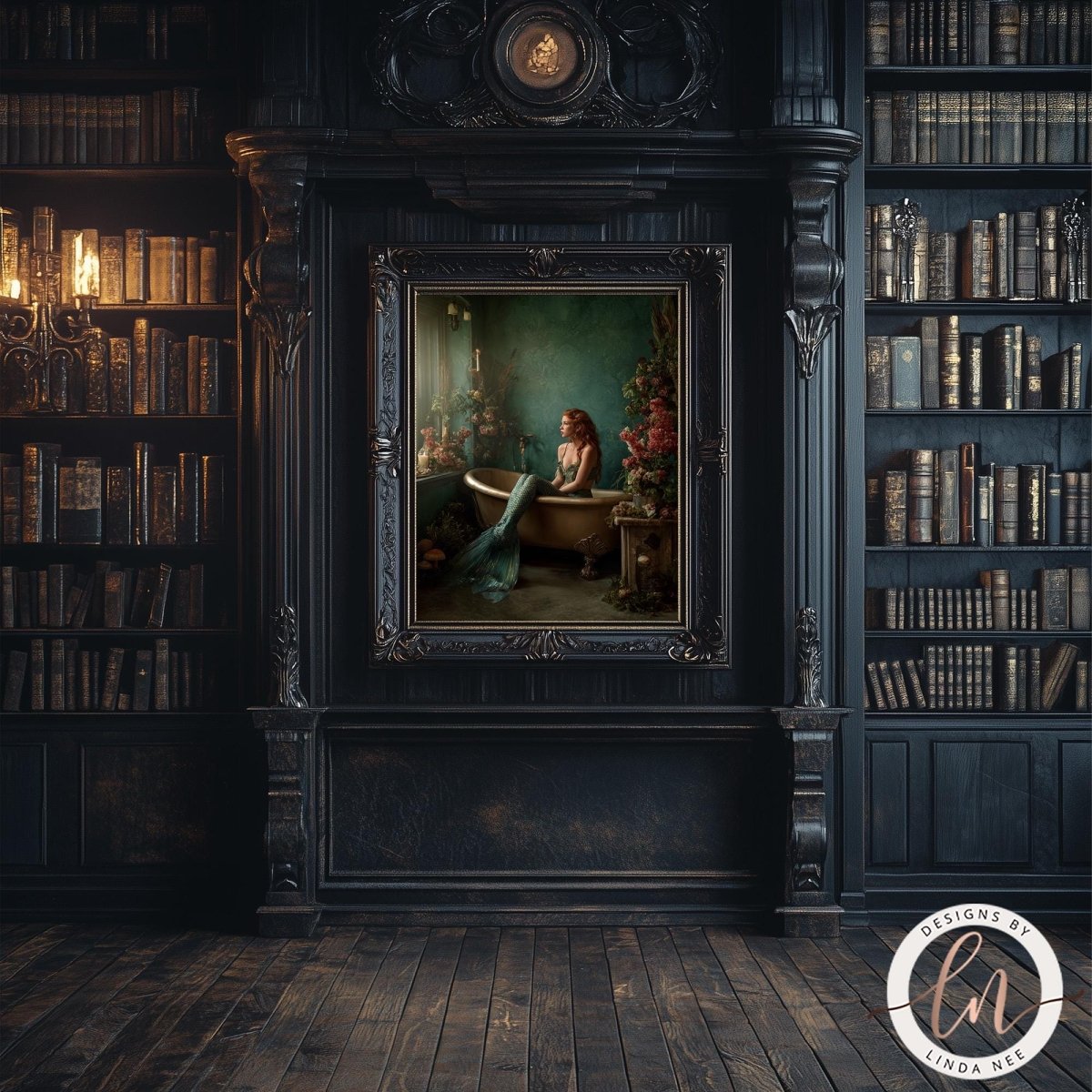 a painting of a mermaid sitting in a bathtub, surrounded by flowers and bookshelves.
