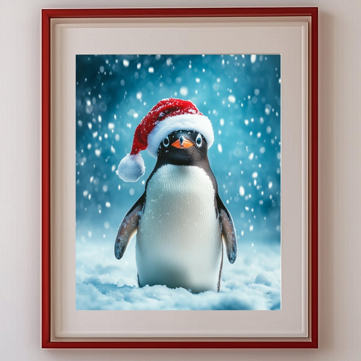Penguin wearing a red Santa hat standing in snow among falling snowflakes