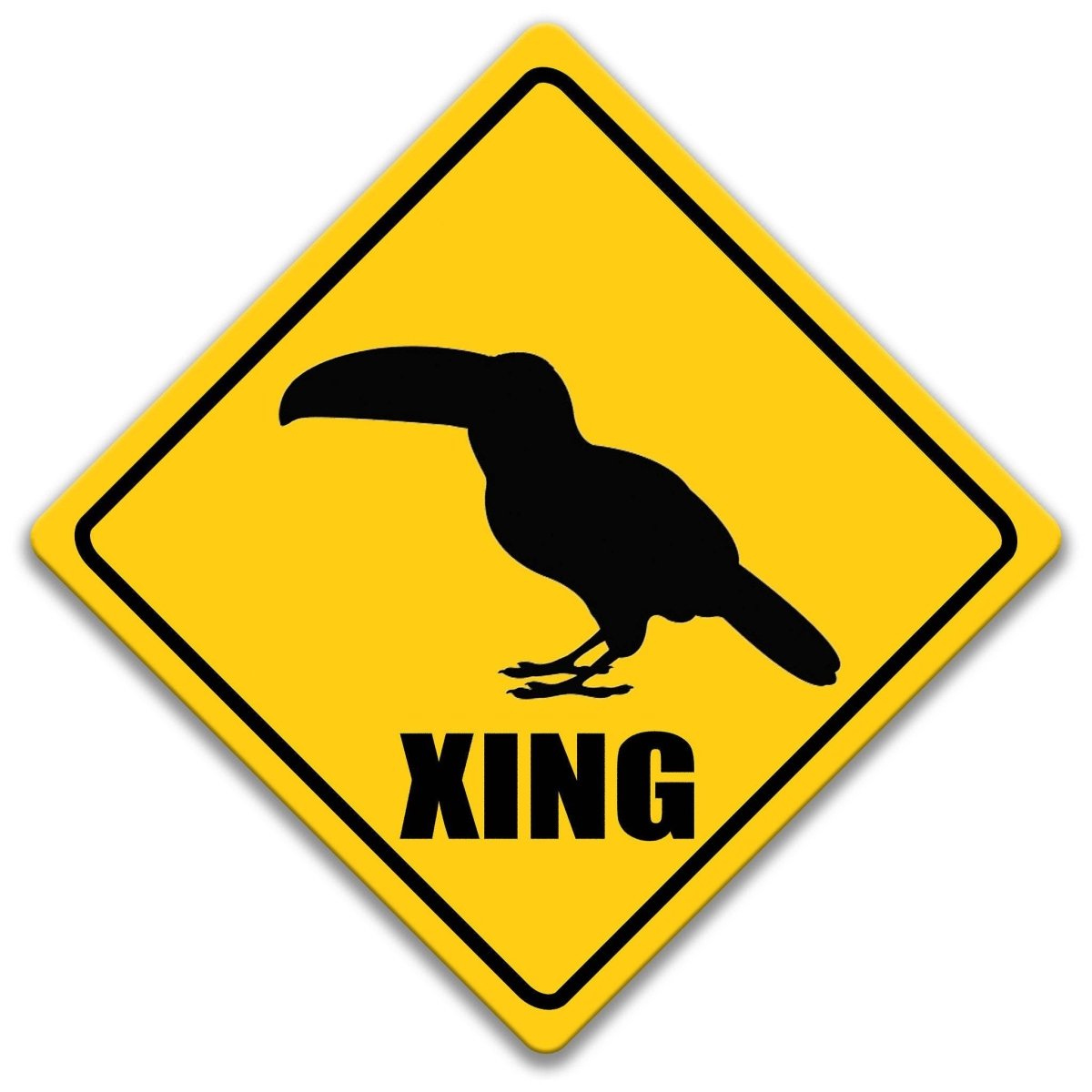 A yellow diamond-shaped sign with a black silhouette of a bird, likely a toucan, and the word "XING" written below it.