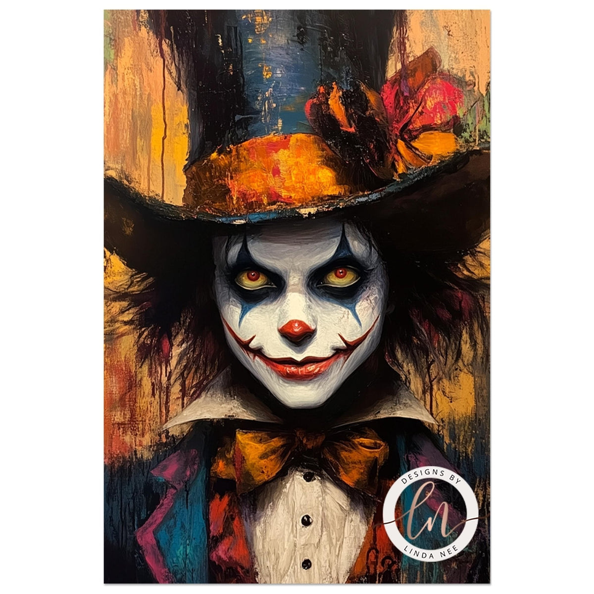 The image is a colorful and artistic depiction of a clown-like character with exaggerated features, including a large hat, red lips, and a distinctive red nose.