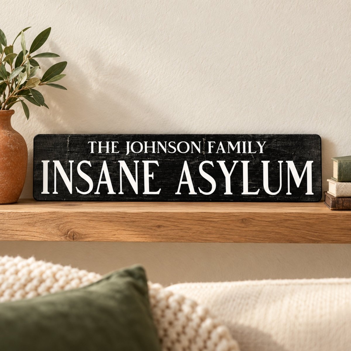 Personalized Insane Asylum sign with a family name on a shelf with books and a plant