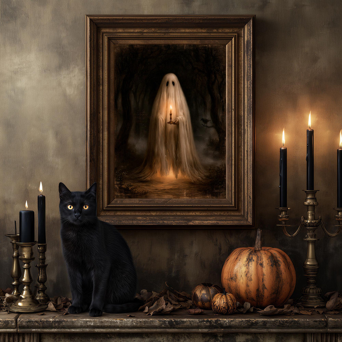 Black cat on a mantel below the candlelight ghost print, flanked by lit candles