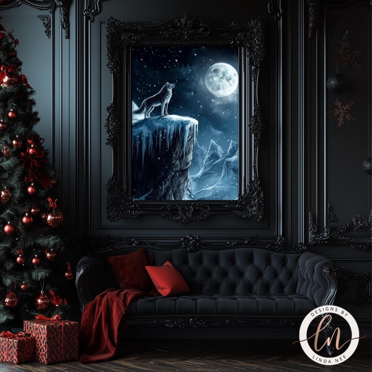 a dark, gothic-style living room with a large, ornate black frame hanging on the wall. The frame contains a painting of a wolf standing on a cliff, gazing out at the night sky. The room is decorated with Christmas ornaments and a Christmas tree, creating a festive atmosphere.