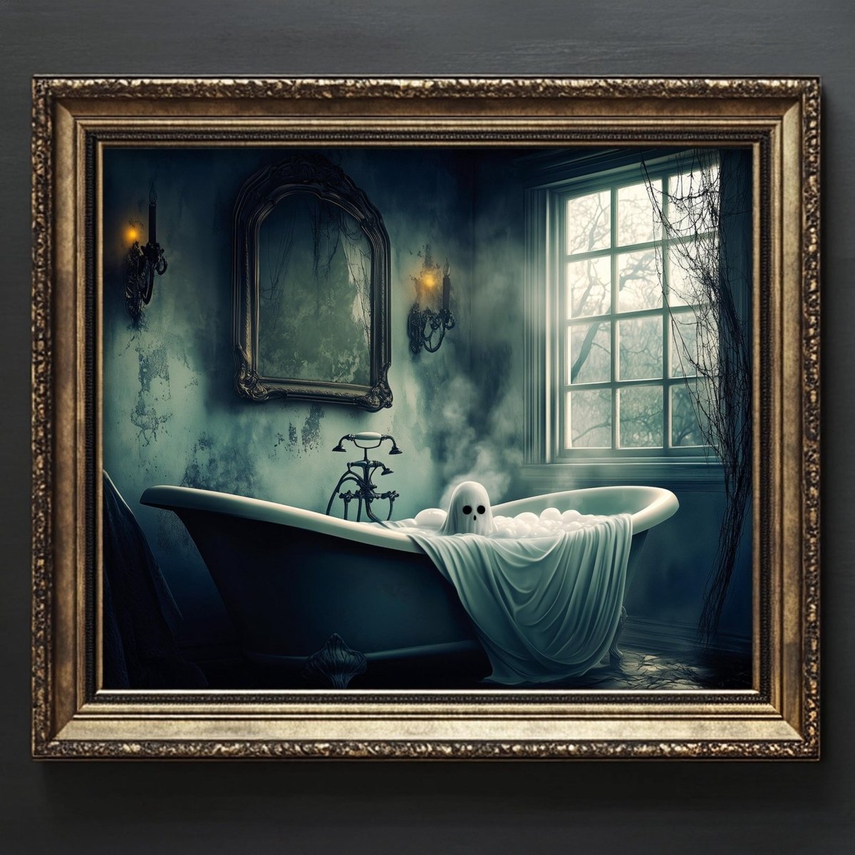 Pale ghostly figure relaxing in a black clawfoot bathtub at night