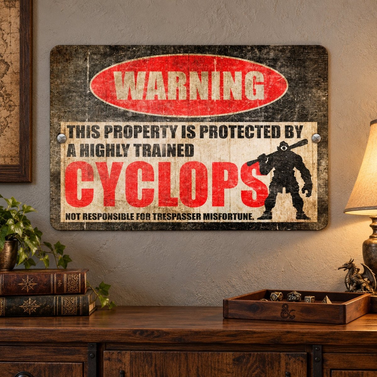 a sign that reads "WARNING: THIS PROPERTY IS PROTECTED BY A highly trained CYCLOPS NOT RESPONSIBLE FOR TRESPASSER MISFORTUNE".