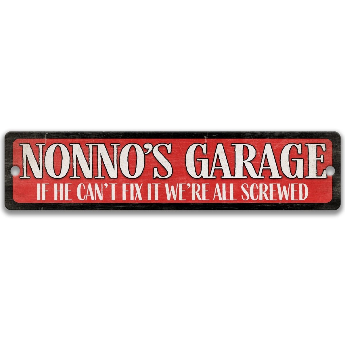 a sign with the text "NONNO'S GARAGE" in bold, white letters on a red background.