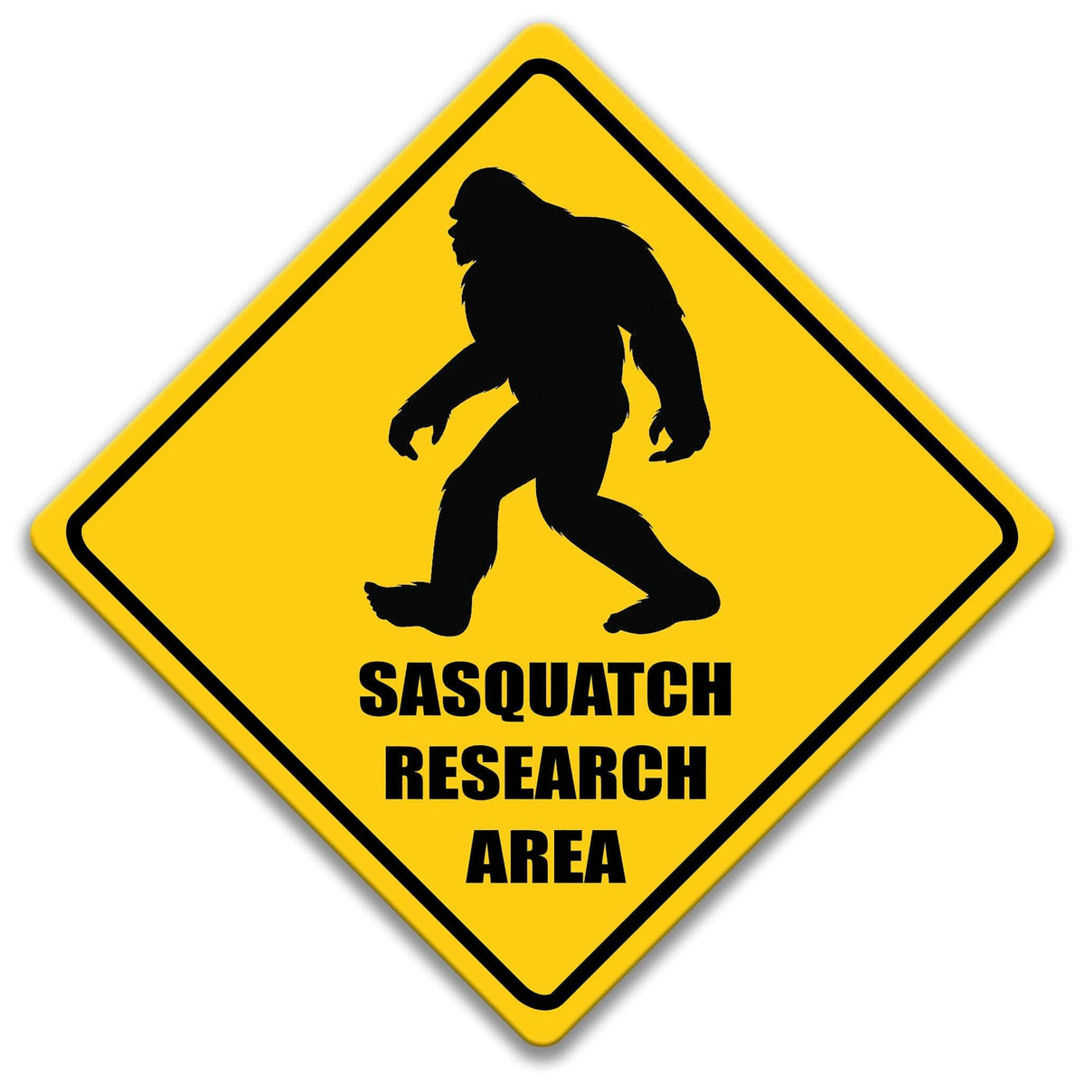 a yellow diamond-shaped sign with a silhouette of a Sasquatch and the text "SASQUATCH RESEARCH AREA" below it.