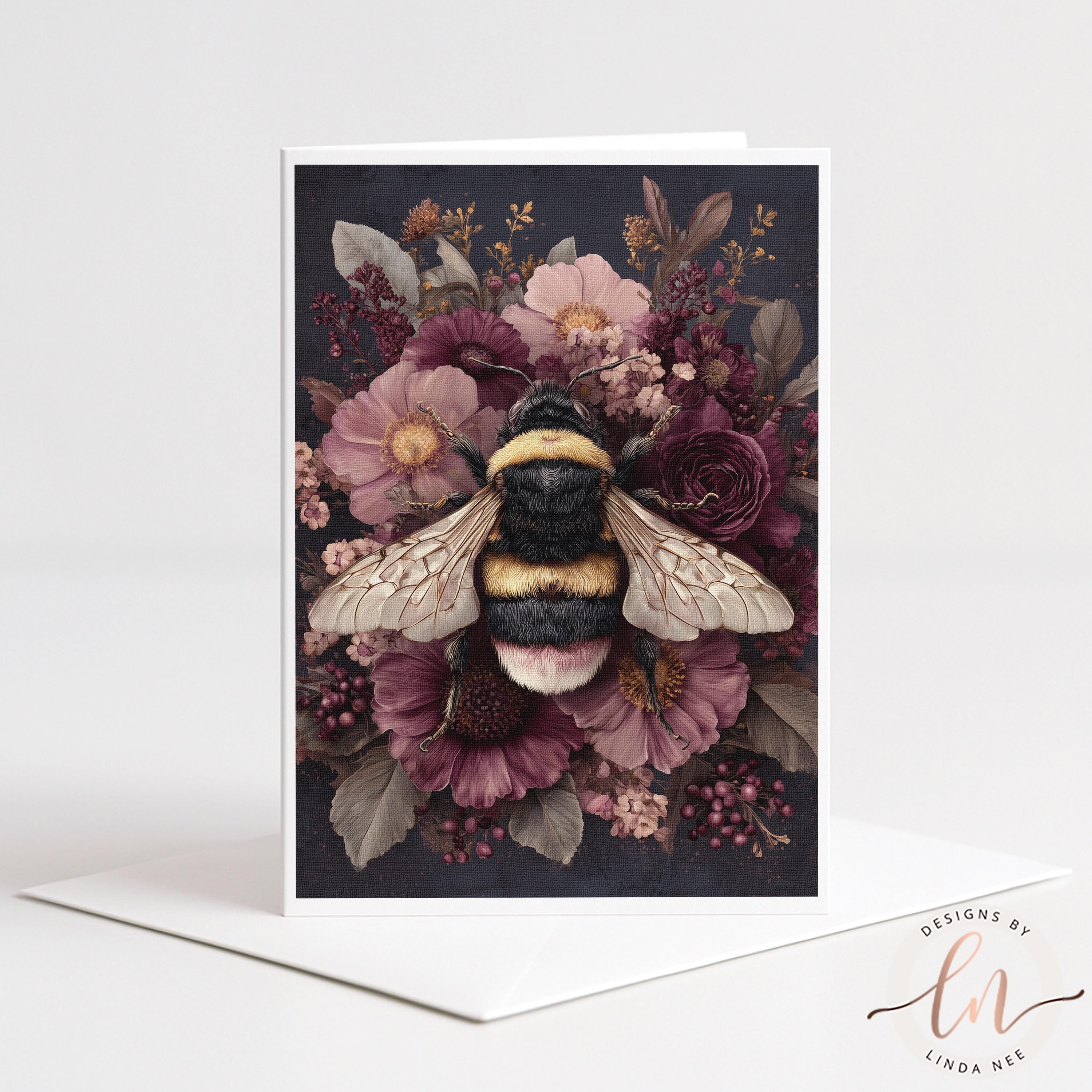 A card featuring a detailed illustration of a bee surrounded by a vibrant floral arrangement.