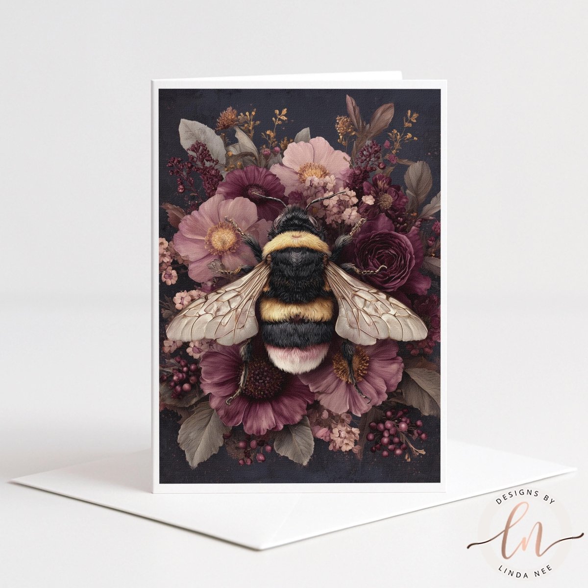 A card featuring a detailed illustration of a bee surrounded by a vibrant floral arrangement.
