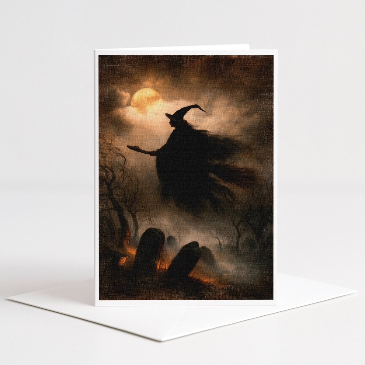 Witch in a black cloak flying past a full moon through fog, painterly Halloween note card art