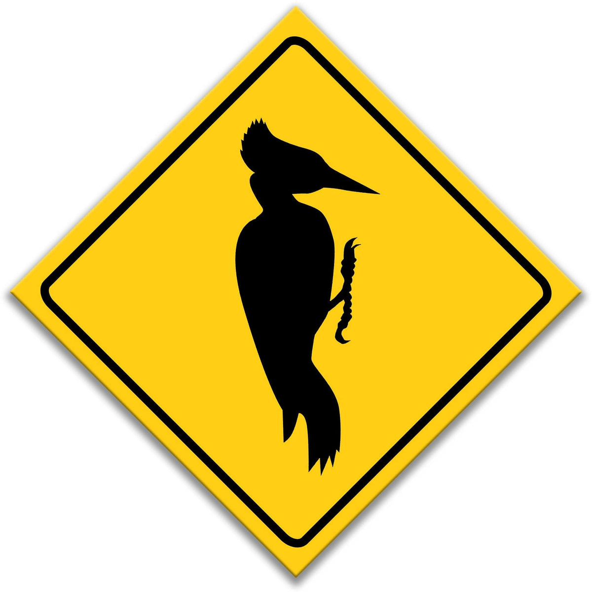 A yellow diamond-shaped sign with a black silhouette of a woodpecker.