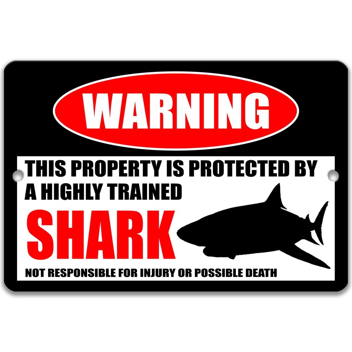 Shark warning metal sign on glossy black, red WARNING oval and shark silhouette, pool humor