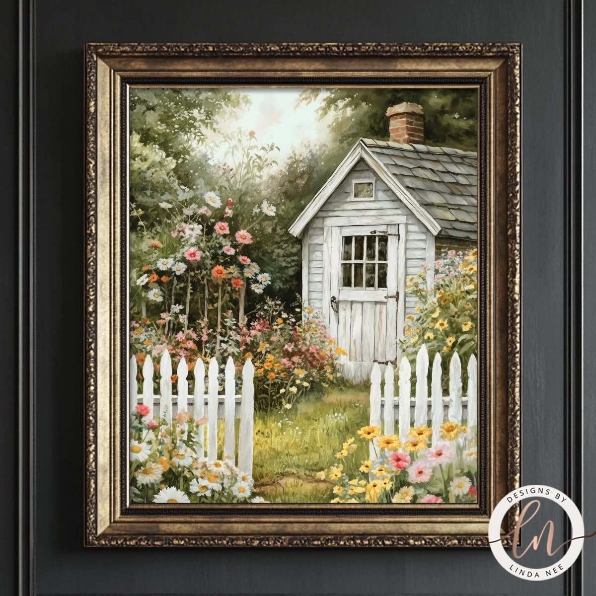 White cottage with chimney surrounded by colorful garden flowers
