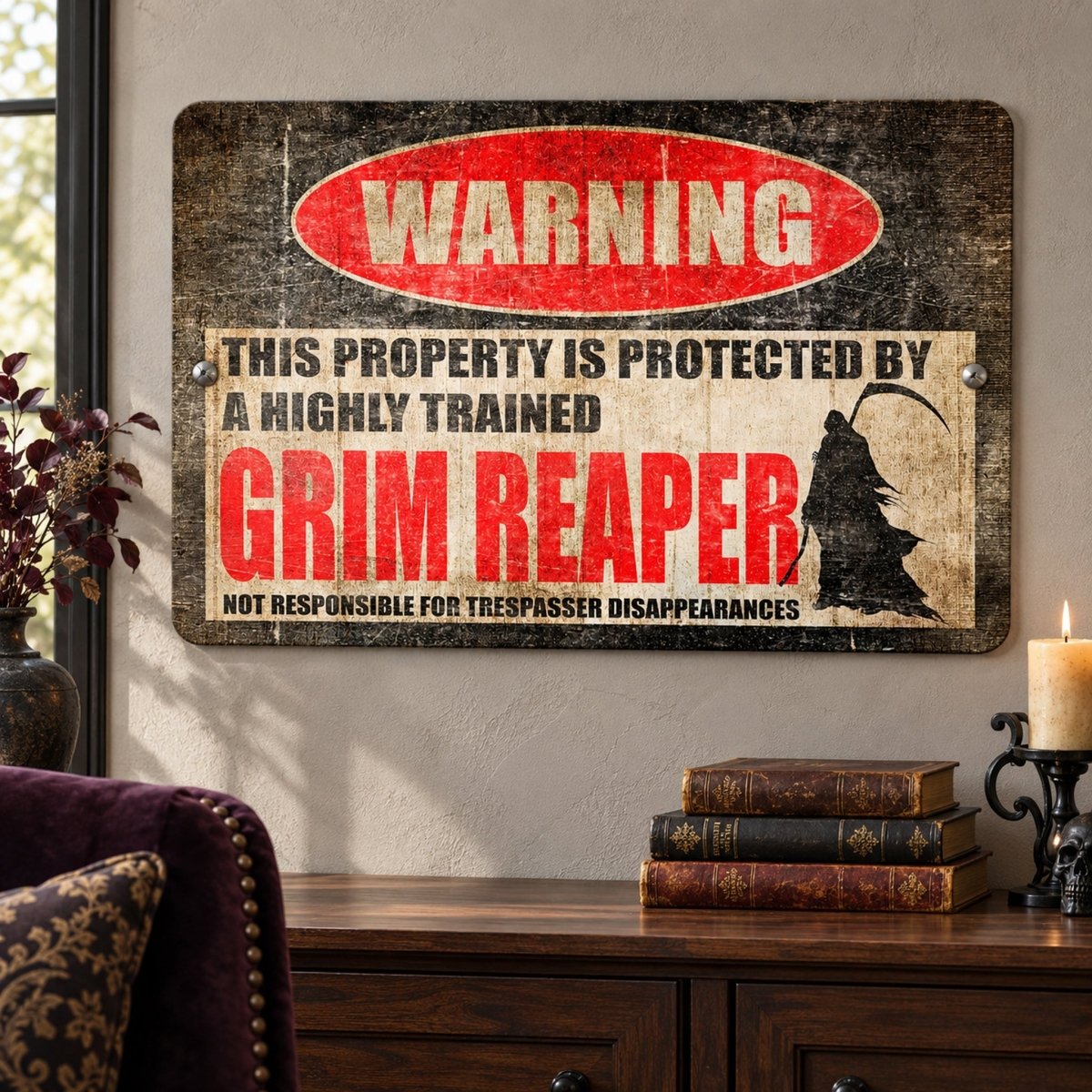 a vintage-style sign that reads "WARNING: THIS PROPERTY IS PROTECTED BY A highly trained GRIM REAPER. NOT RESPONSIBLE FOR TRESPASSER DISAPPEARANCES" with a silhouette of a figure resembling the Grim Reaper.
