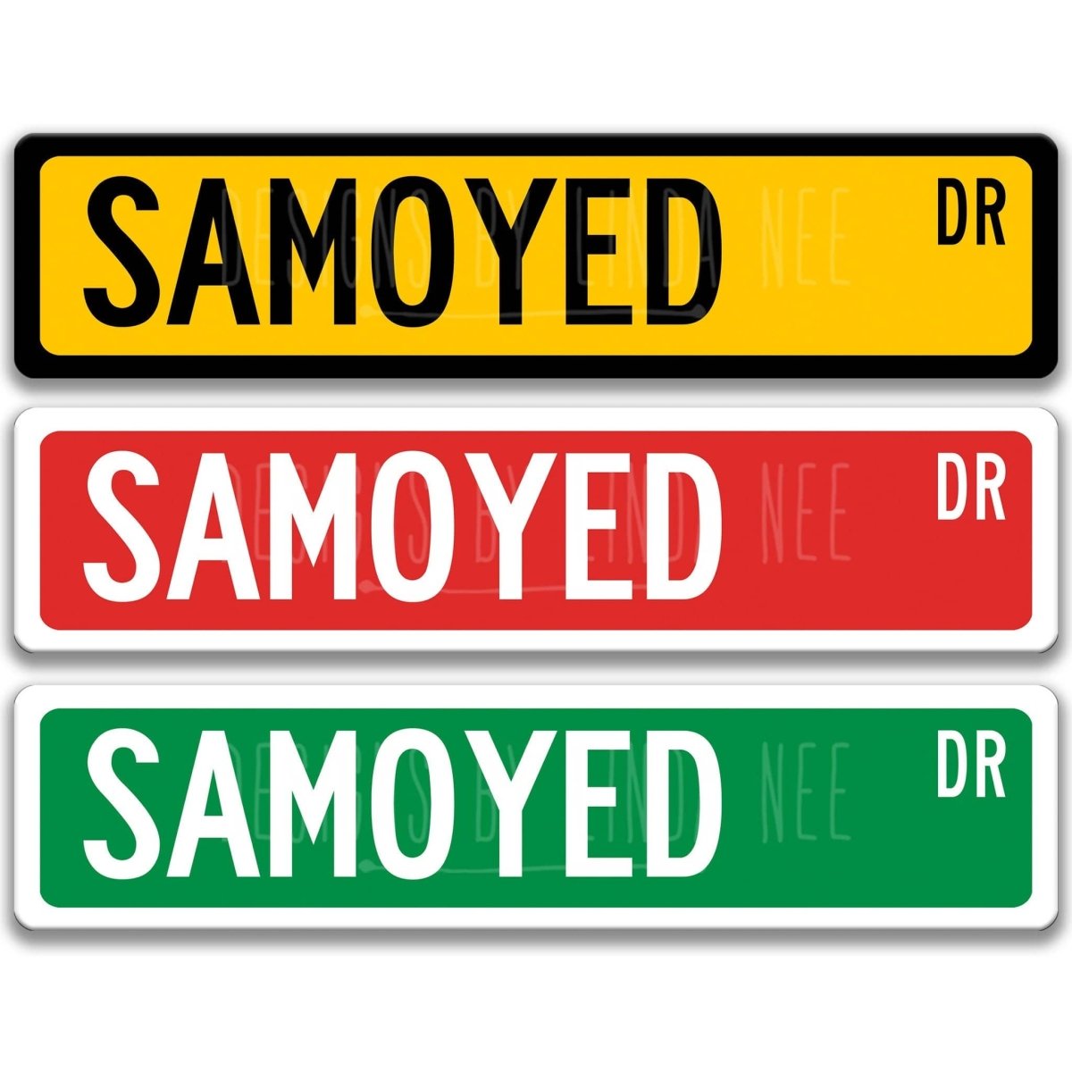 Samoyed Dog DR street name sign shown in three aluminum color options