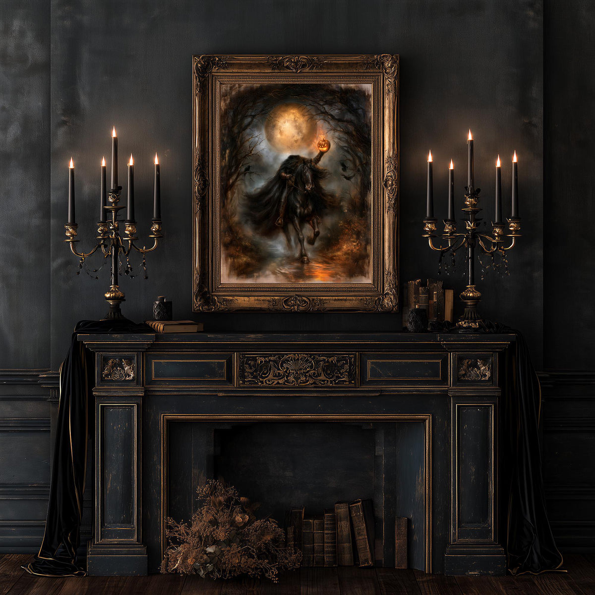 Dark library wall with twin candelabra, stacked books, and the horseman art print