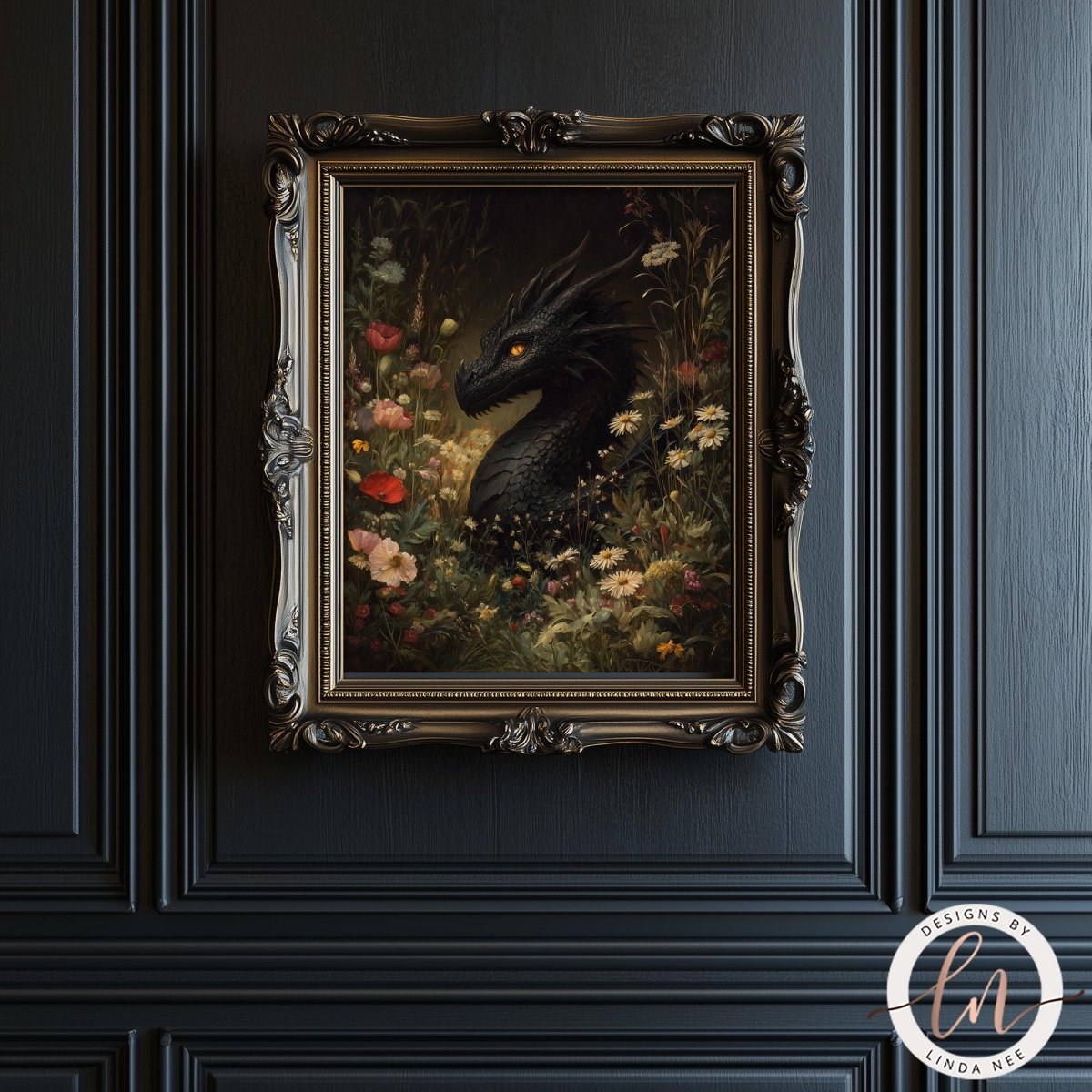 a painting of a black dragon surrounded by flowers and foliage, hanging on a dark wall.