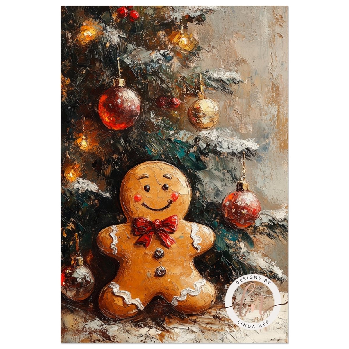 Gingerbread man beside a decorated tree with ornaments and lights