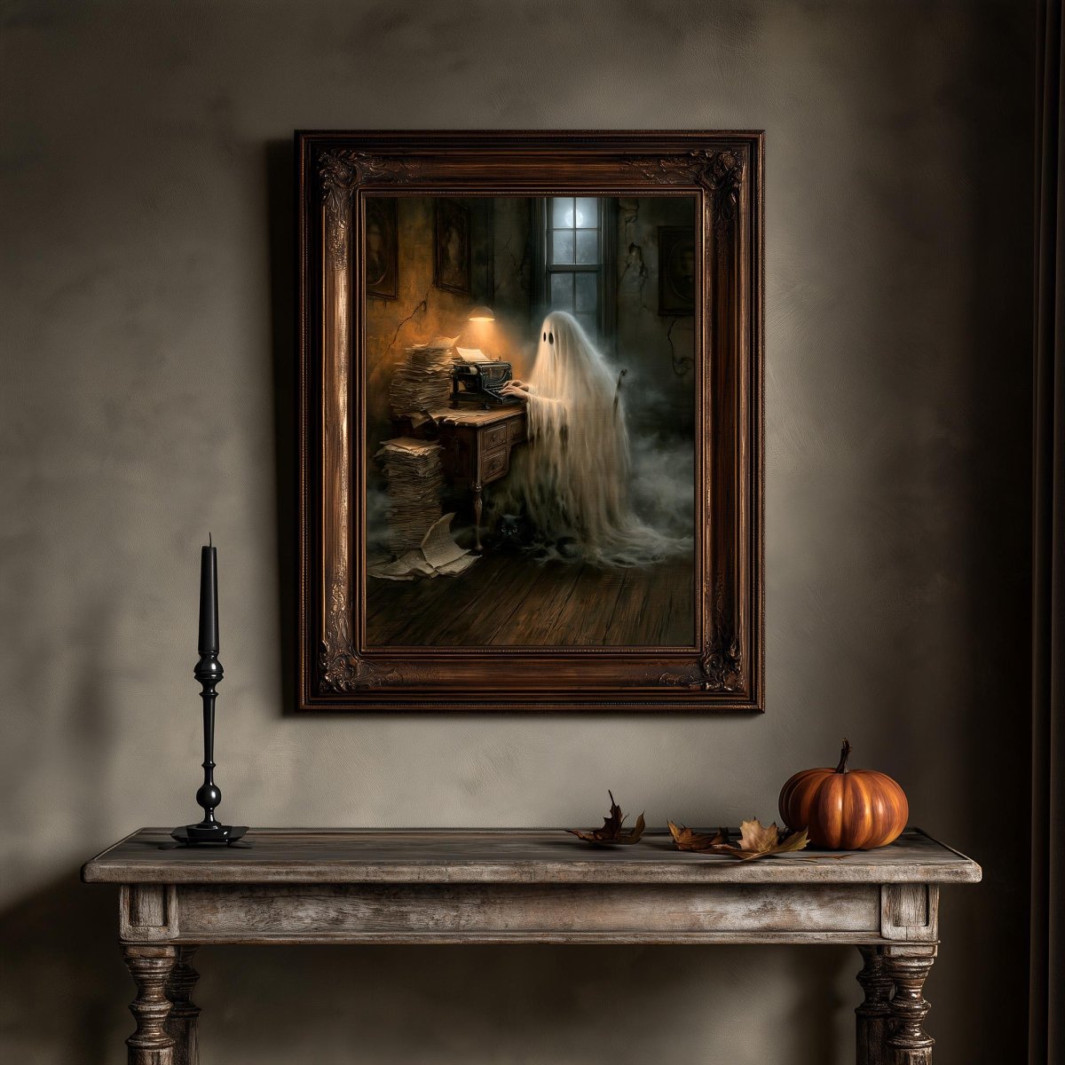 Ghost writer art print in a room with a candlelit table