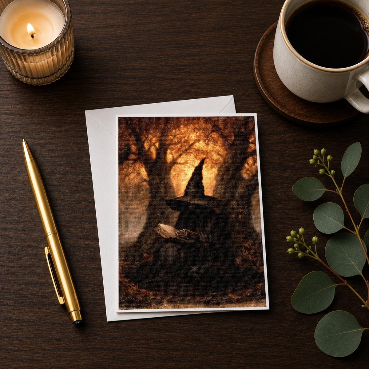 Witch in a pointed hat reading a book in an autumn forest, 5x7 blank note card