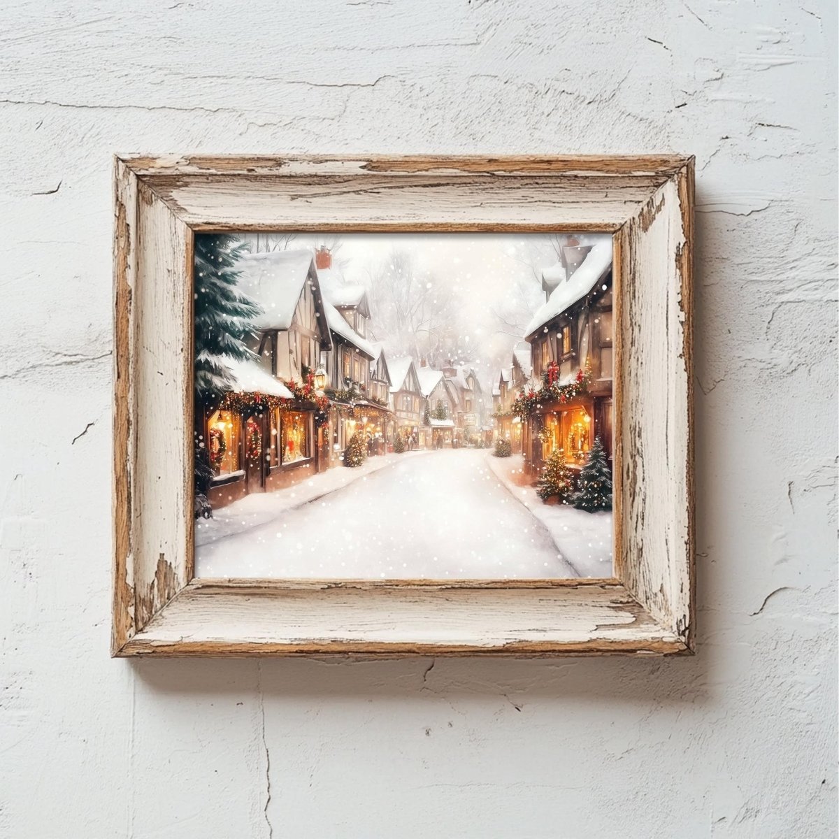 Village market street print displayed above a wooden bench beside a tree