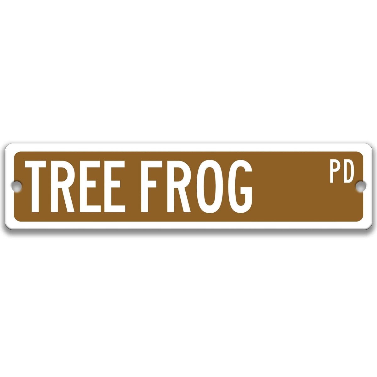 Tree Frog Street Name metal sign with brown background