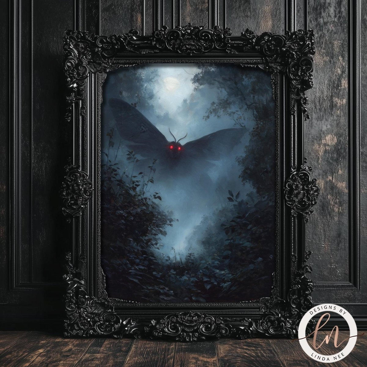 a dark, mysterious scene with a large moth-like creature with glowing red eyes and wings, surrounded by a misty, foggy forest.