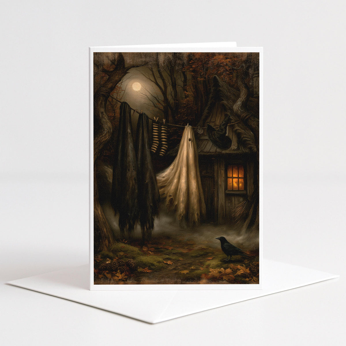 Witch laundry hanging on a line outside a moonlit woodland cottage, 5x7 blank note card