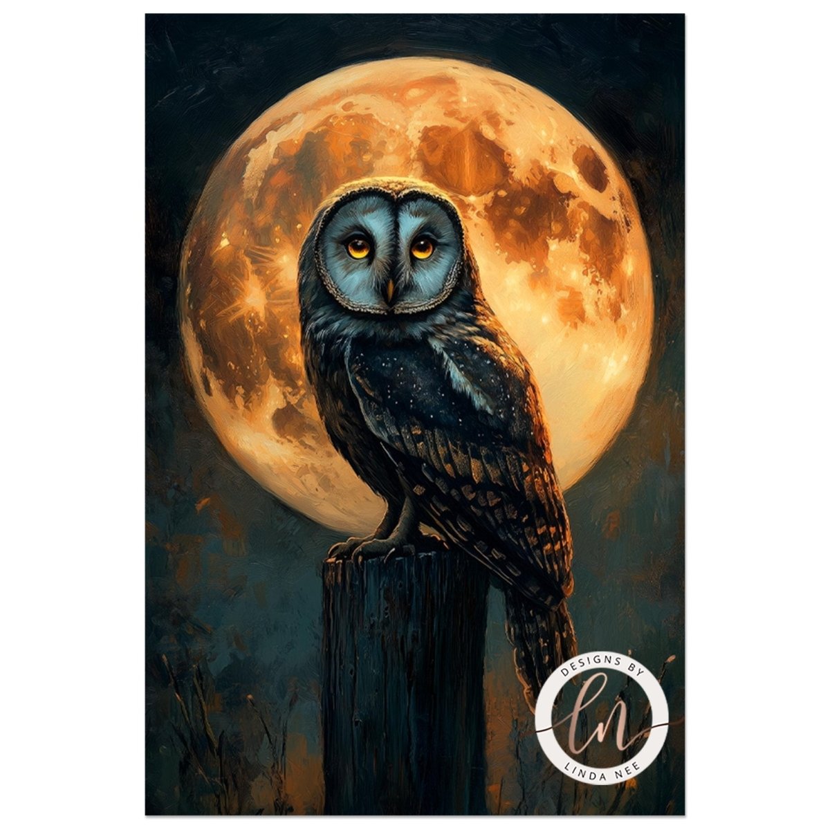 Owl gazing at the viewer with a glowing orange moon behind