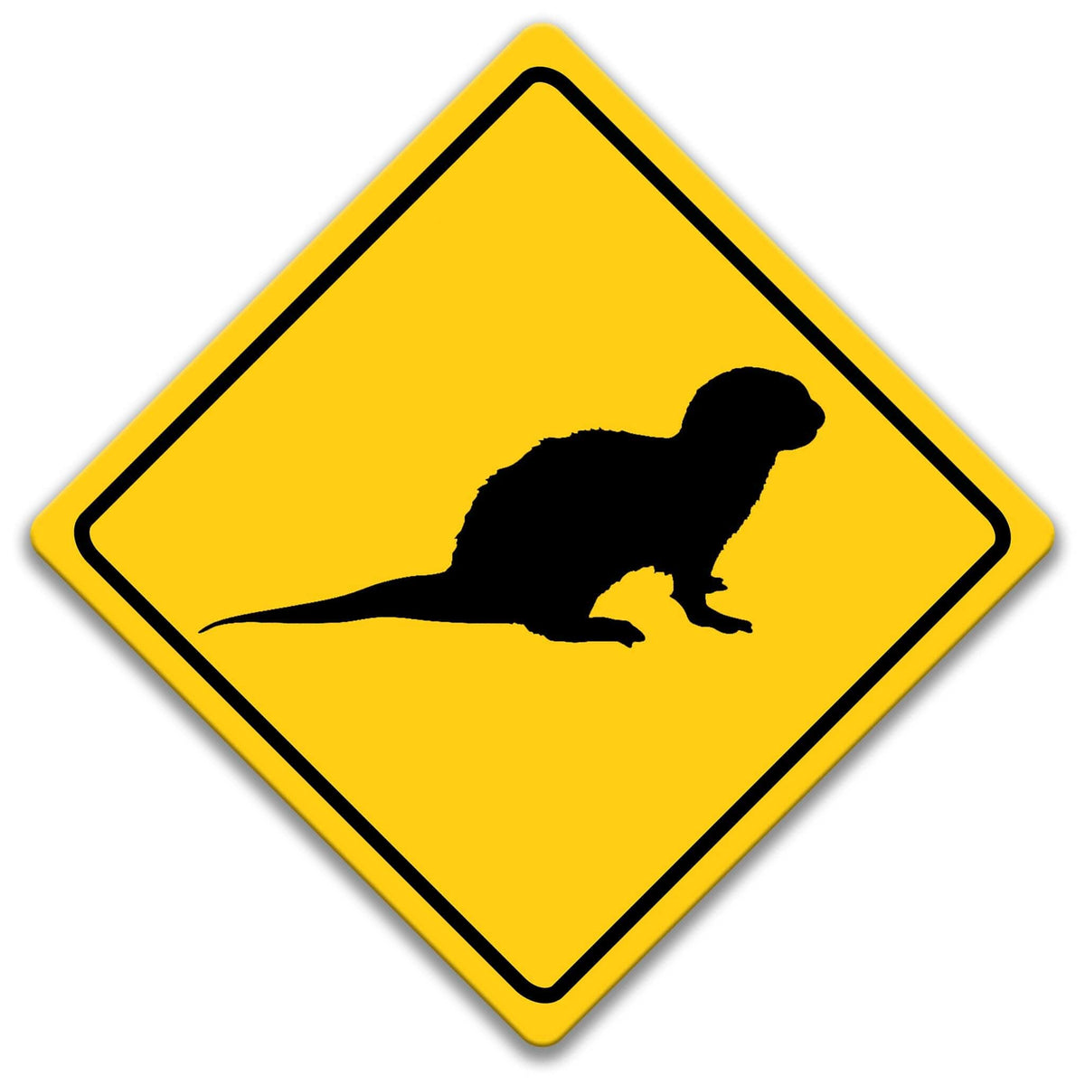 A yellow diamond-shaped road sign with a black silhouette of a beaver or similar animal.