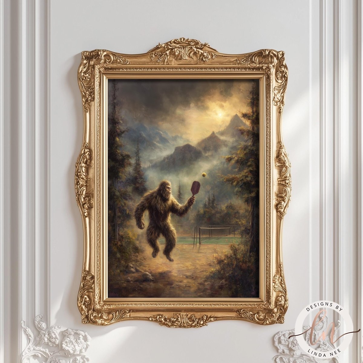 Painterly fantasy illustration of Bigfoot playing pickleball on a hidden outdoor court in the mountains, mid-swing with a paddle as a ball floats in front of him, surrounded by misty pine trees, dramatic golden clouds, and rugged peaks in the background.