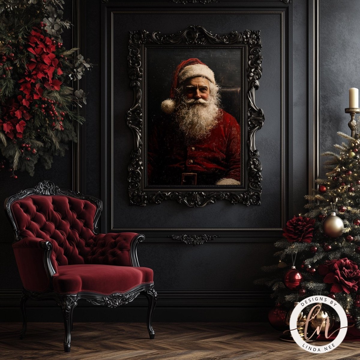 Santa Claus portrait wall art above a red velvet chair beside a decorated tree