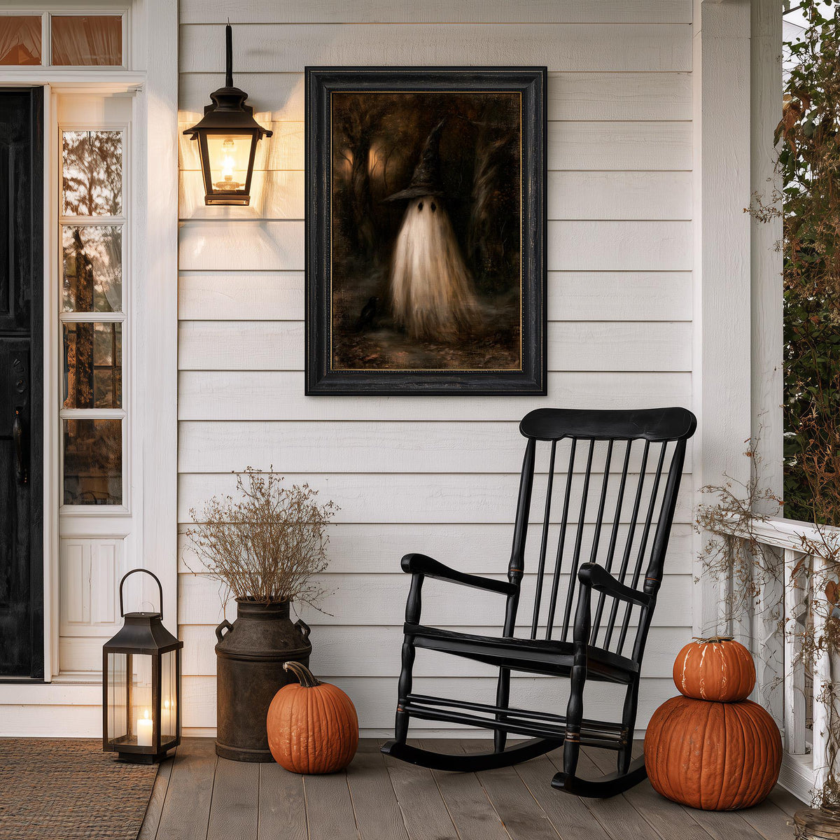 Porch with a black rocking chair, two pumpkins, a lantern, and the ghost witch print