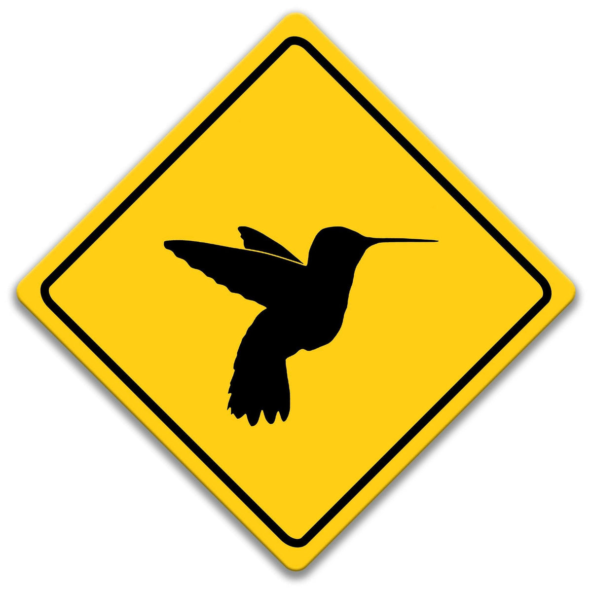 A yellow diamond-shaped sign with a black silhouette of a hummingbird in flight.