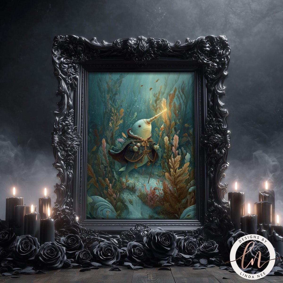 a painting of a mermaid with a long fish tail, surrounded by a dark, mysterious underwater scene with plants and rocks. The mermaid is depicted in a flowing, ornate dress, and she holds a staff in her hand. The painting is framed in an ornate black frame, and there are candles placed around the frame, creating a spooky and atmospheric ambiance.