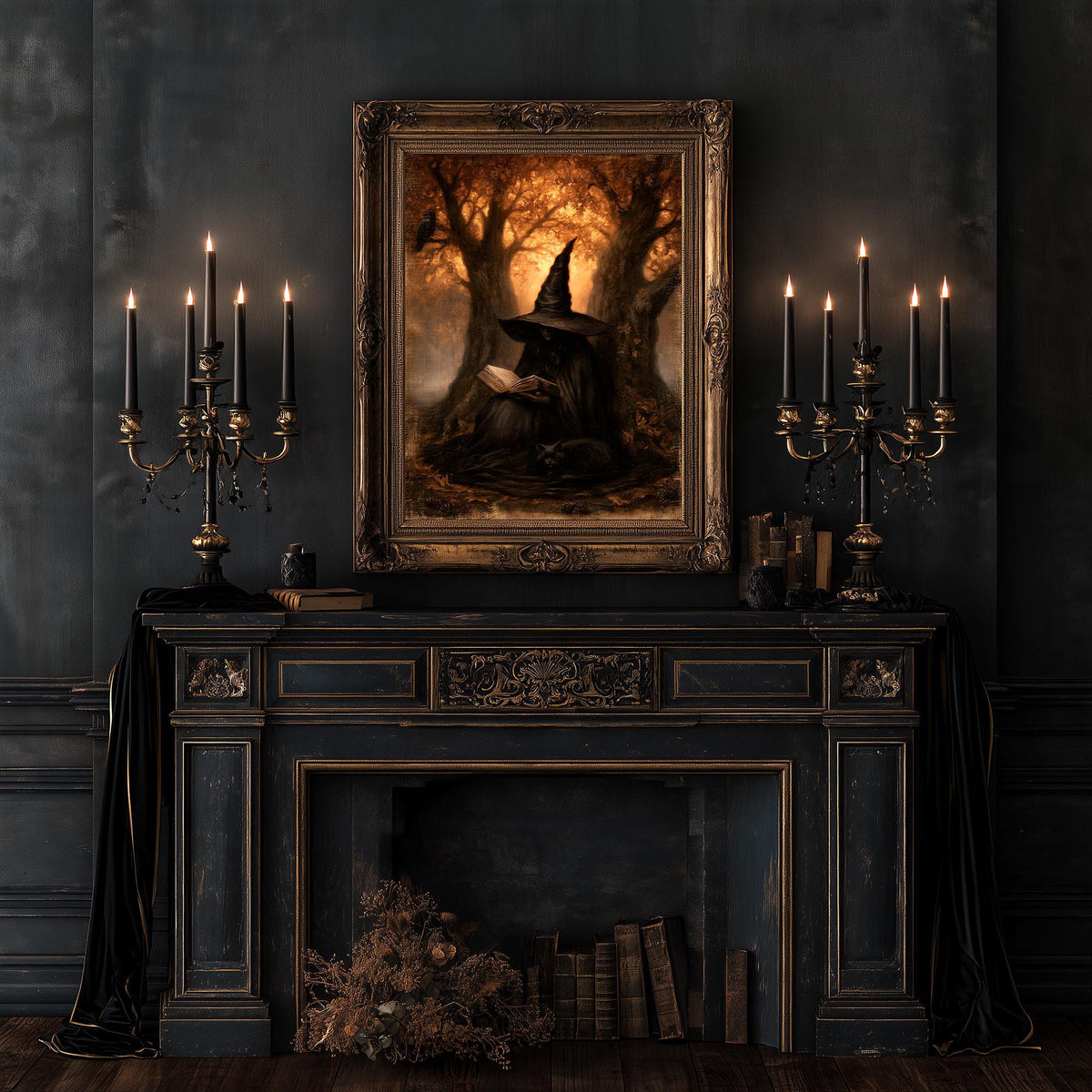 Ornate dark fireplace ringed with candles under the witch reading artwork