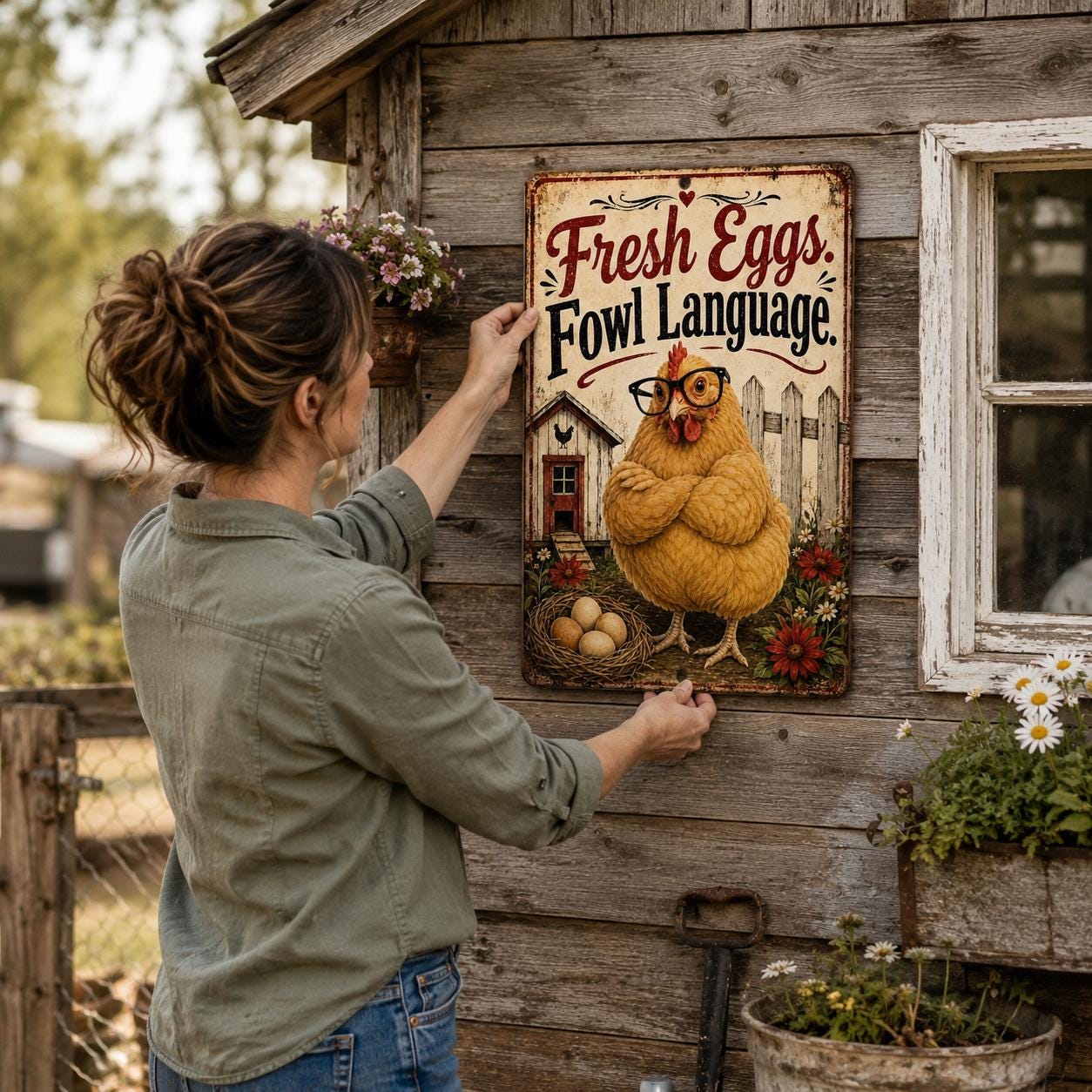 A woman is hanging a metal sign on a wooden wall, which features an illustration of a chicken and the text "Fresh Eggs Fowl Language".