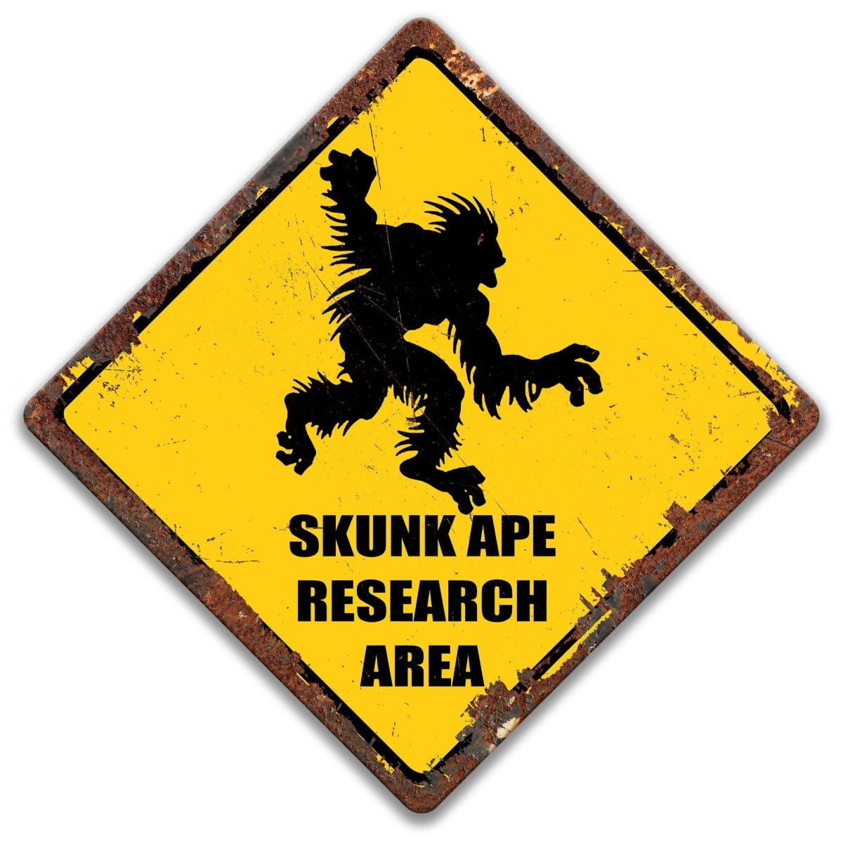 Skunk Ape Research Area sign, weathered rusted-edge yellow diamond caution sign with black skunk ape silhouette